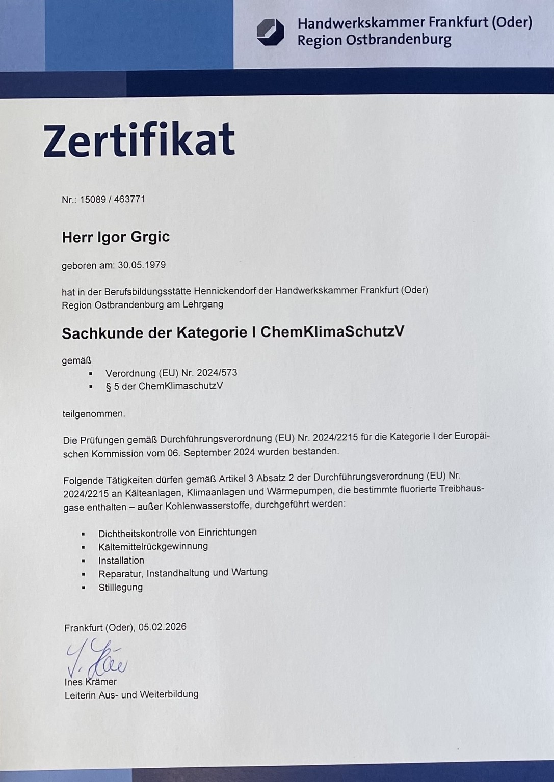Zertifikat - Sachkunde ChemKlimaschutzV-I